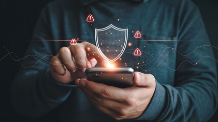 Person holding smartphone with digital security shield and warning