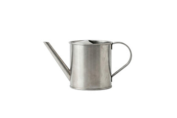 Small metal watering can sits alone on a simple background ready for use in a garden or plant care task