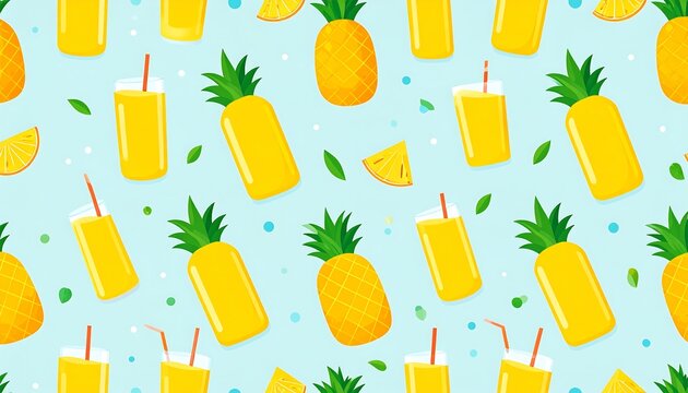 A vibrant, seamless pattern features stylized pineapples, juice glasses with straws, and sliced fruit on a pastel blue backdrop - Powered by Adobe
