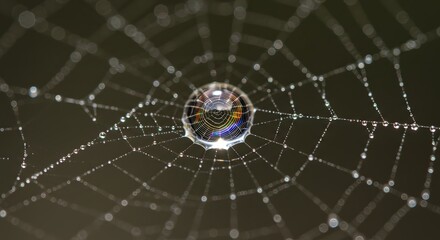 A spiderweb with dew drops clinging to its threads refracting rainbow colors in a central larger drop