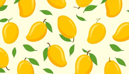 A vibrant seamless pattern of ripe, yellow tropical fruit with green leaves, scattered against a light beige background