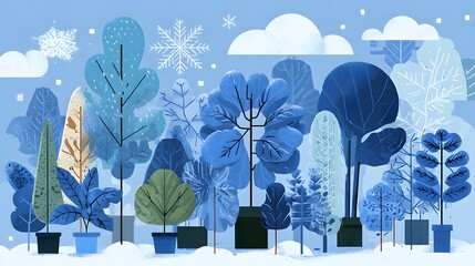 Winter Wonderland - A Serene Illustration of Blue Trees and Snowy Landscape.