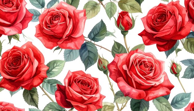 A vibrant, seamless repeating pattern showcasing lush, watercolor-style red roses with green leaves against a pristine white background - Powered by Adobe