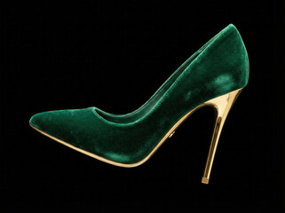 Green velvet high heel shoe with gold stiletto heel on black background