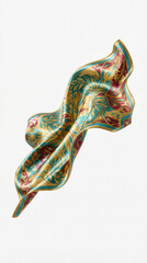 Silk scarf with ornate floral pattern floating against clean white background
