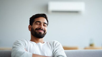 Obraz premium Handsome man relaxing in a clean minimalist living room, showcasing elegant design and a serene atmosphere with soft lighting and modern decor