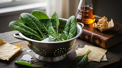 Close-up shot of vibrant leafy greens in a worn colander on table  