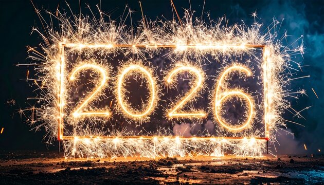 2026 New Year Celebration with Bright Sparklers Forming Numbers and Frame on Dark Background.