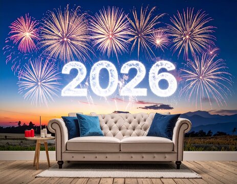 2026 New Year Celebration with Fireworks and Elegant Sofa on a Terrace.