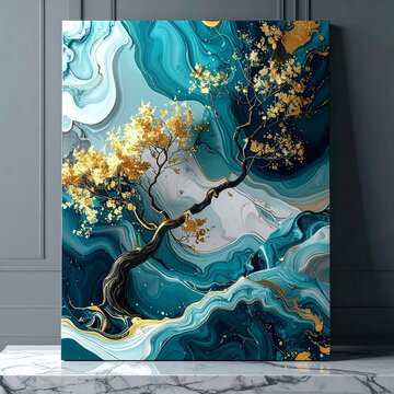 Abstract Golden Tree in Teal and Gold Swirls.
