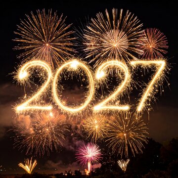 2027 New Years Eve Celebration with Sparkling Fireworks Display in the Night Sky.