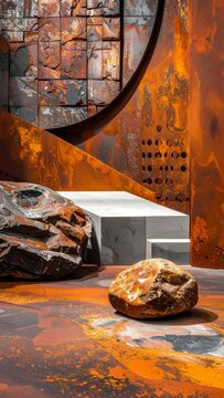 Abstract Industrial Rust Texture Background with Product Display Podium and Rocks.