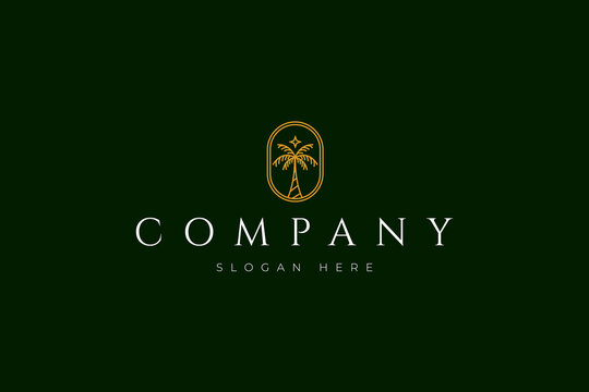 tropical palm tree logo with luxurious gold colors in an oval frame with a line art design style suitable for hotels, restaurants, villas, and others.