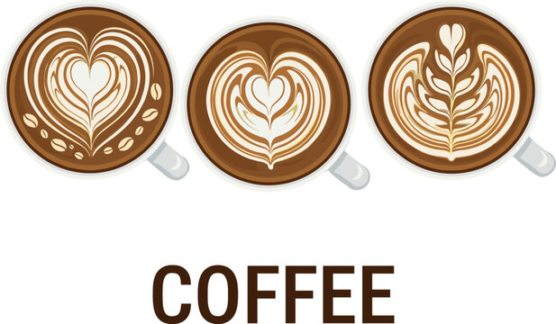 Top-down vector illustration set of three white coffee cups featuring beautiful and intricate latte art patterns: two different hearts and a classic rosetta tulip design.