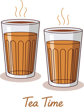 Traditional Indian Masala Chai tea time vector illustration, showcasing two glasses of hot spiced beverage for authentic South Asian culture and street food.