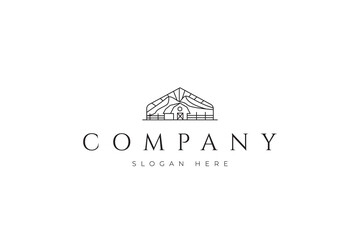 Naklejka premium Livestock barn with a mountain backdrop and a line art logo design style