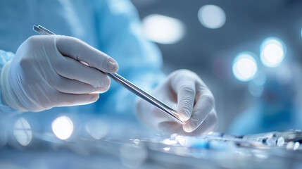 surgical instruments preparation close up, sterile operating room medical tools, healthcare surgery equipment scene
