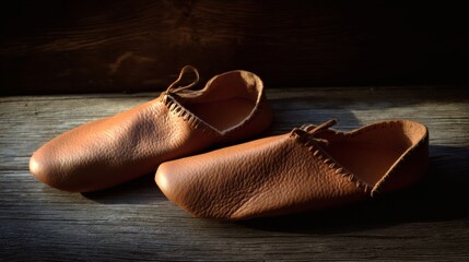 Artisanal Leather Shoes on Wooden Surface, Detailed Craftsmanship, Soft Directional Lighting, Minimalist Background