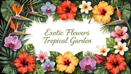 Fototapeta premium Banner from tropical plants and flowers. Tropical paradise card with stylized leaves and flowers. Tropical Flower Banner , poster, visiting card.