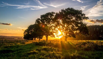A vibrant sunset casts golden rays through silhouetted trees in a lush meadow, with a glimpse of distant hills under a streaked sky