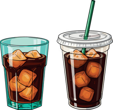 Vector illustration set of two dark iced coffee drinks, showcasing cold brew in a glass and a disposable cup with straw for refreshing summer beverages.