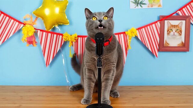 Funny Grey Cat Singing into a Microphone, Delivering a Lively Performance at a Festive Pet Party
