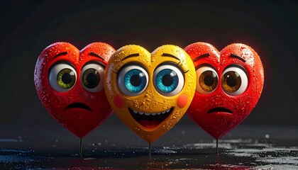 Three animated, heart-shaped characters with expressive faces stand on a reflective surface against a dark backdrop
