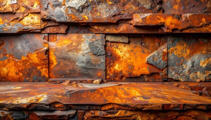 Rustic Weathered Stone Wall and Shelf Background with Vibrant Orange and Brown Tones.