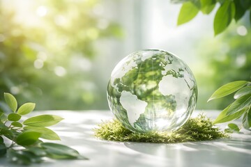 Glass Earth globe on green moss surrounded by fresh leaves symbolizing eco friendly sustainability and environmental protection concept