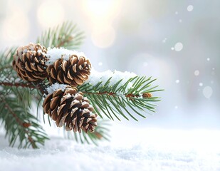 Snow-covered pine cones on a spruce branch in winter.