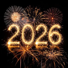 Sparkling 2026 with Fireworks on a Dark Night Sky.