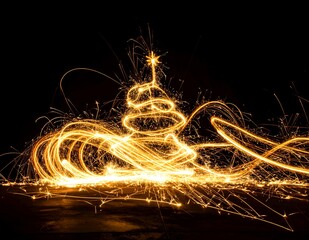 Sparkling Christmas Tree Light Painting on Dark Background.
