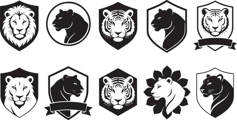 Set of tiger head logo designs in shield shape vector art illustration