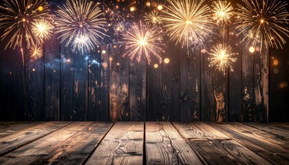 Vibrant fireworks illuminate the night sky above a rustic wooden table, perfect for celebrations and festive occasions.