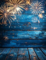 Vibrant Fireworks Illuminate a Rustic Blue Wooden Background at Night.