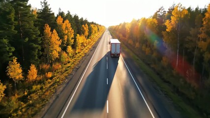 Truck driving on autumn highway through colorful forest landscape