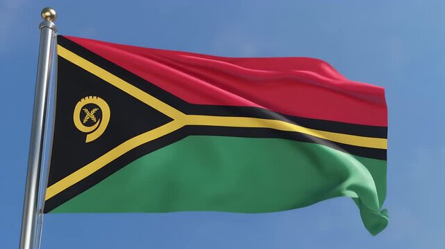 Vanuatu flag waving in the wind against blue sky