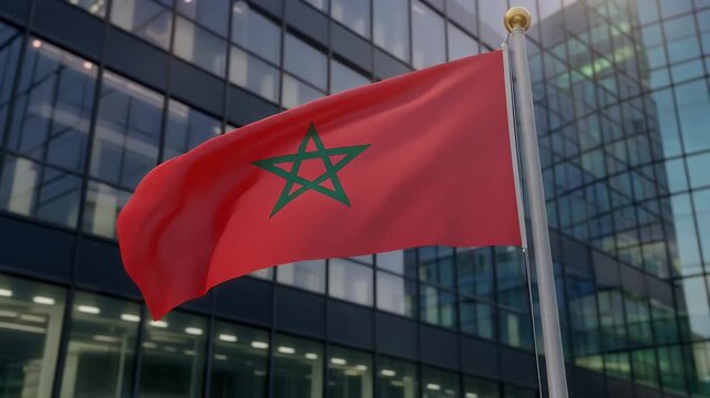 Moroccan flag waving in front of modern glass office building