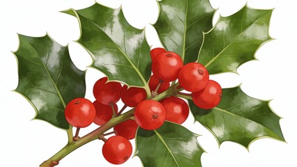 Holly sprig with red berries and green leaves showing clean edges in a neat arrangement on a white background