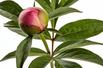 Peony bud with green leaves centered against a plain background, showcasing a single bud and foliage in bright natural light