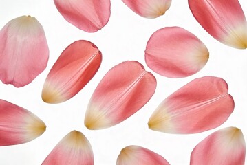 Petals scattered on a white background with gaps between each petal, showing a variety of forms and colors for decorative purposes