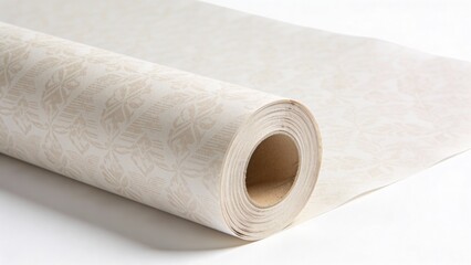 Plain wrapping paper roll on a white background with a neutral pattern wrapped around the roll ready for gift use any time of the year