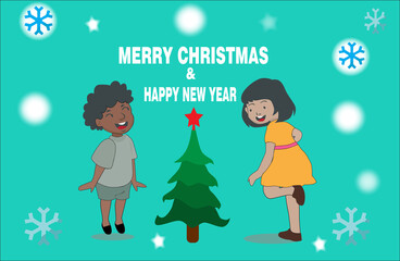 Fototapeta premium happy family with christmas tree, children, smilling, happy holiday, merry christmas, vectors, ilustration, winter snow, snow flake