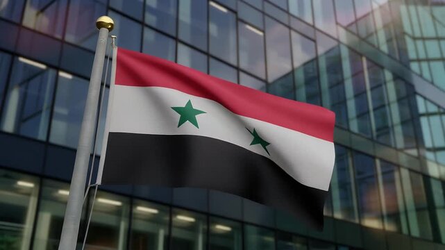 Syrian flag waving in front of modern glass office building