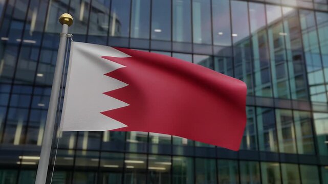 Bahrain flag waving in front of modern glass office building