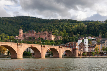 Heidelberg Germany Historic Old Bridge Neckar River and Castle.The Karl Theodor Bridge and castle on the hill. Heidelberg, Baden-Wurttemberg, Germany.

