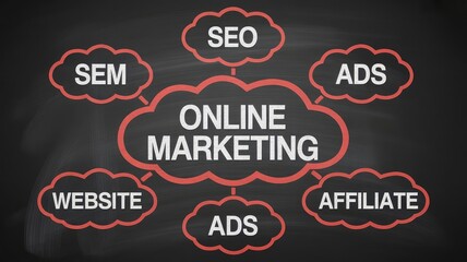 Visual representation of key online marketing components including seo sem ads website and affiliate programs illustrated on a chalkboard surface