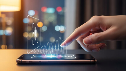 Hand interacting with a smartphone, showcasing digital audio technology and sound analysis with glowing waveform and equalizer visualizers for music and voice.