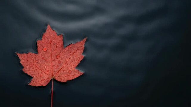A vibrant red maple leaf with glistening water droplets rests on a dark, rippled surface, creating a serene autumn scene.