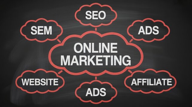 Visual representation of key online marketing components including seo sem ads website and affiliate programs illustrated on a chalkboard surface